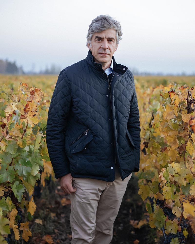 A bio photo of Enrique Tirado standing between a row of vines with a cloudy white sky in the background. 