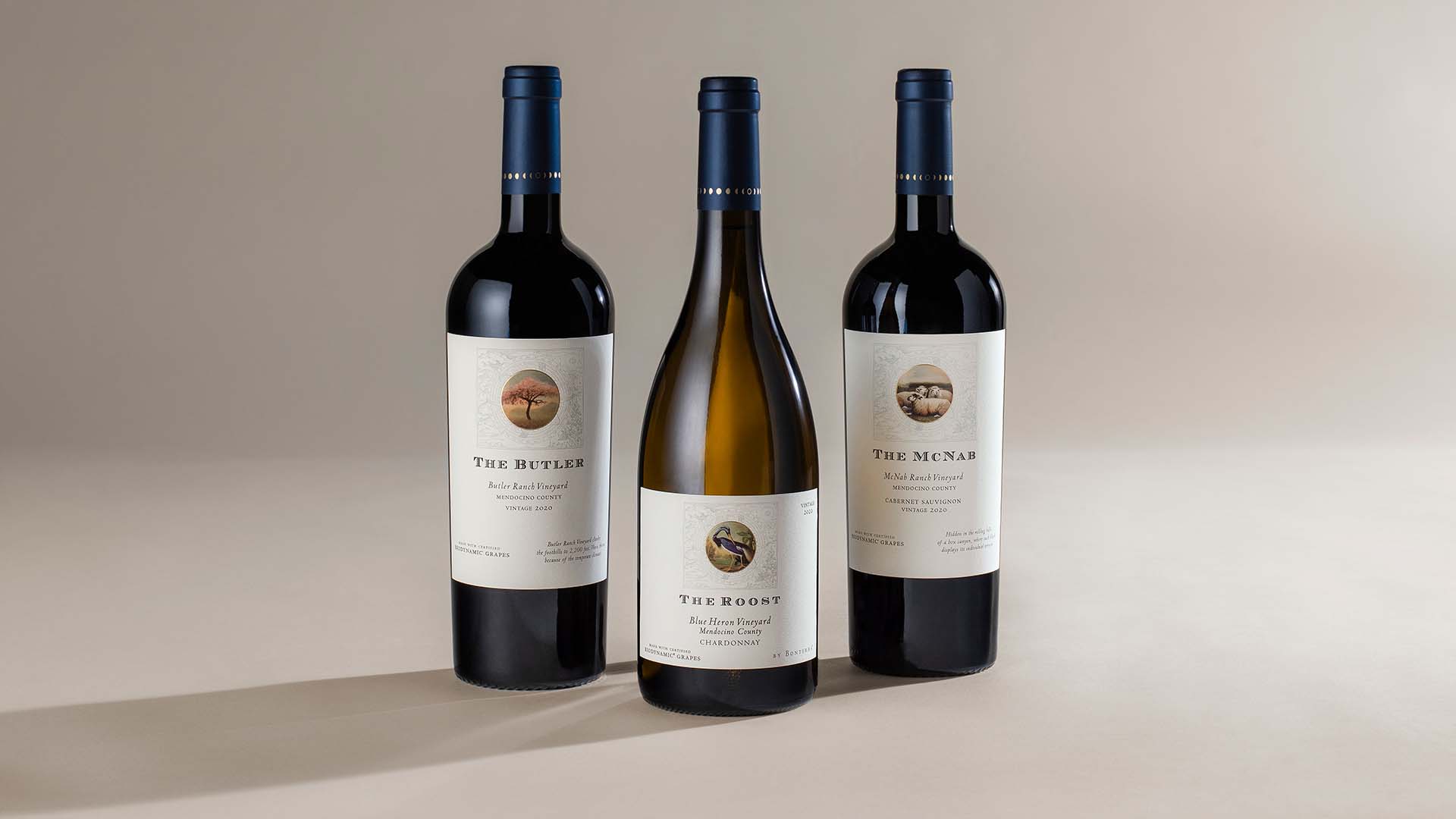 Stylized photo of bottles of Bonterra Single Vineyard The Butler, The Roost, and The McNab