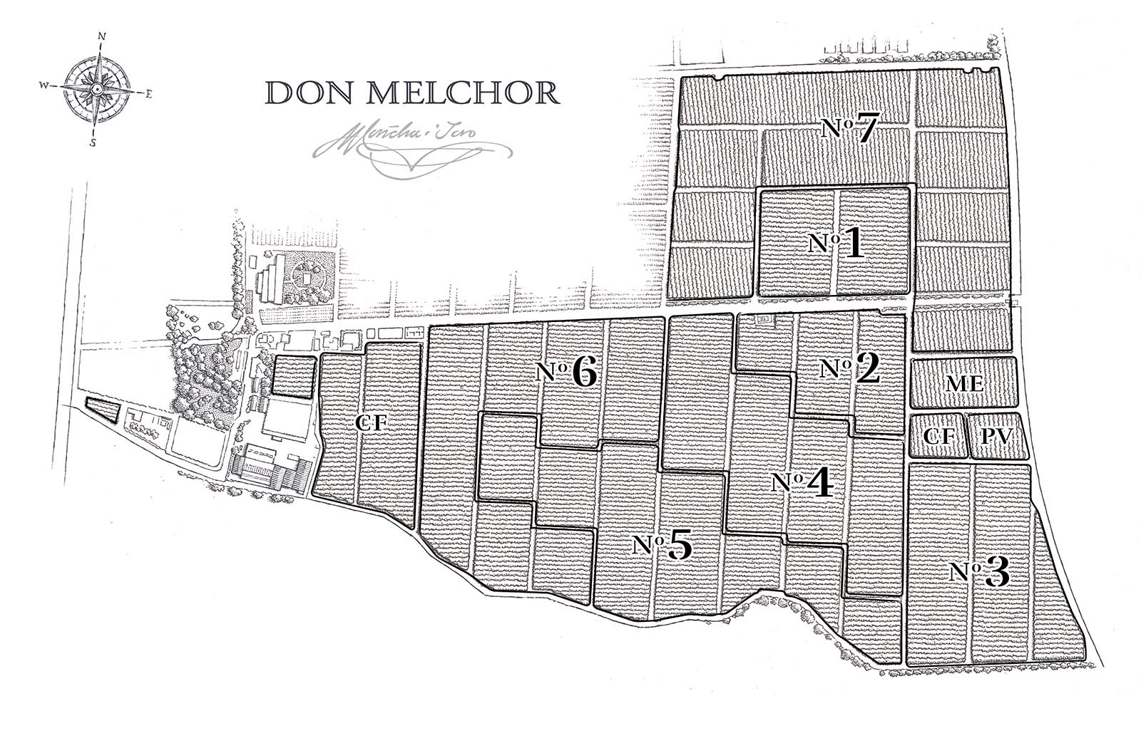 Don Melchor vineyard map, representing the seven blocks of production. 